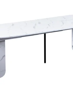 Table ronde style japandi extensible 310cm Tulipa rallonges intégrées Effet marbre Blanc