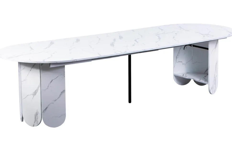 Table ronde style japandi extensible 310cm Tulipa rallonges intégrées Effet marbre Blanc