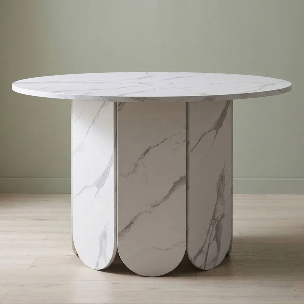 Table ronde style japandi extensible 310cm Tulipa rallonges intégrées Effet marbre Blanc