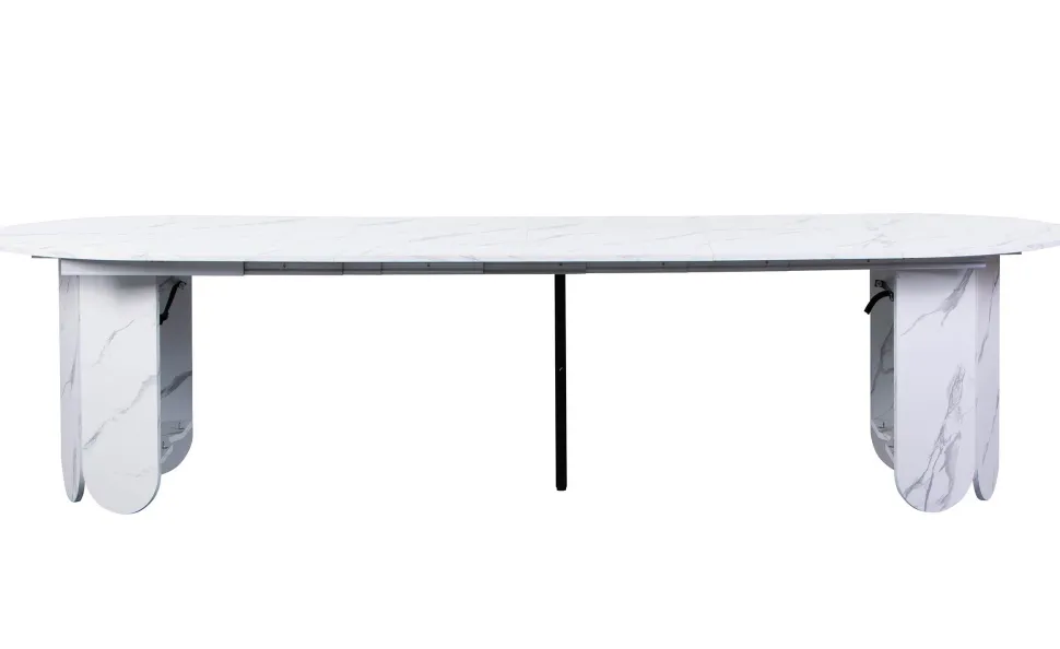 Table ronde style japandi extensible 310cm Tulipa rallonges intégrées Effet marbre Blanc