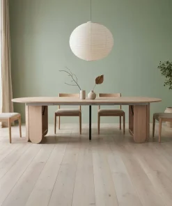 Table ronde style japandi extensible 310cm Tulipa rallonges intégrées Bois clair