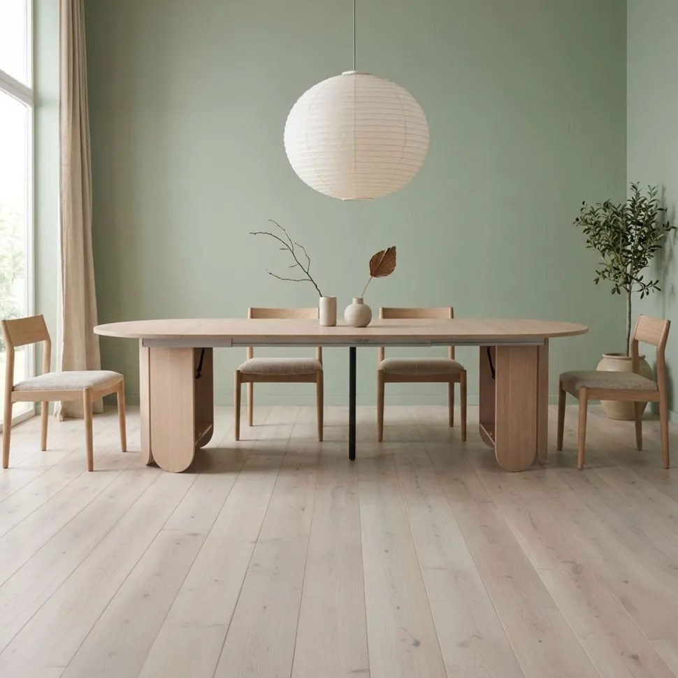 Table ronde style japandi extensible 310cm Tulipa rallonges intégrées Bois clair