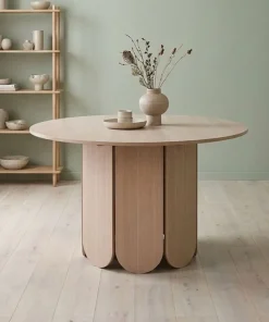 Table ronde style japandi extensible 310cm Tulipa rallonges intégrées Bois clair