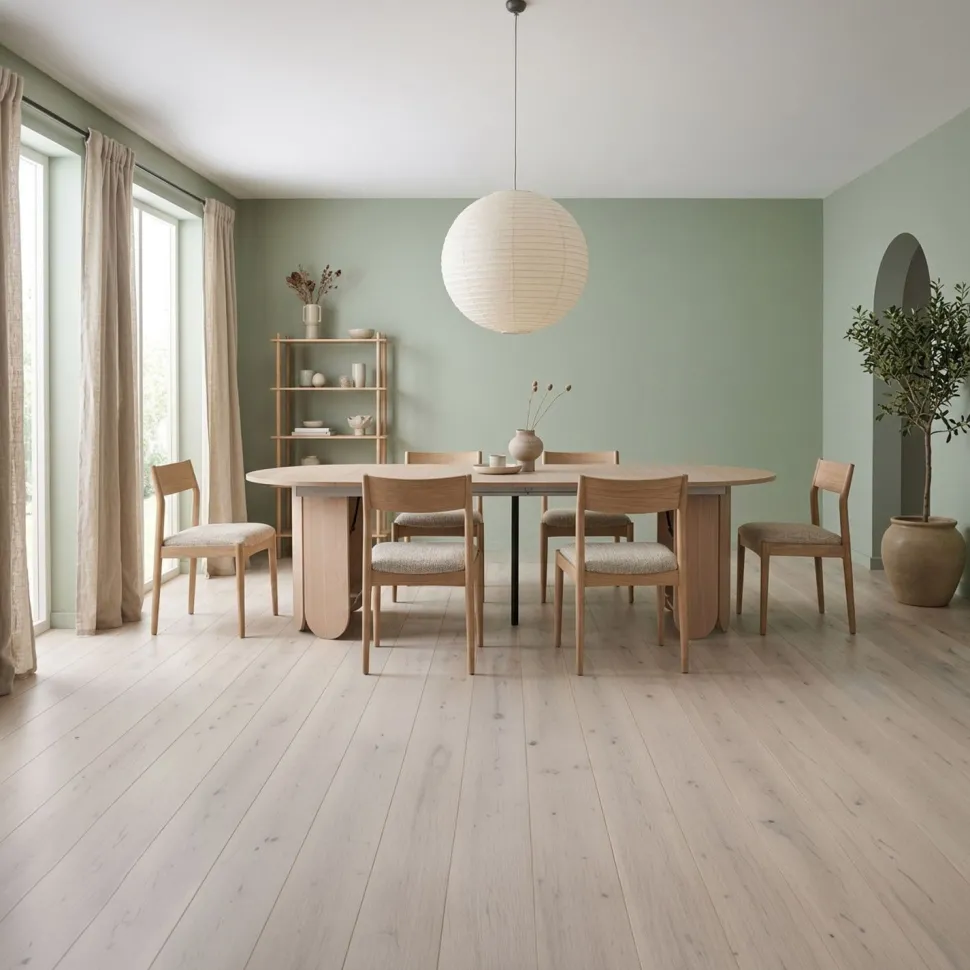 Table ronde style japandi extensible 310cm Tulipa rallonges intégrées Bois clair