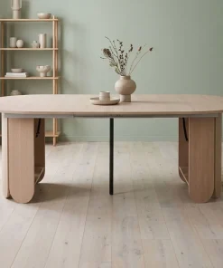 Table ronde style japandi extensible 310cm Tulipa rallonges intégrées Bois clair