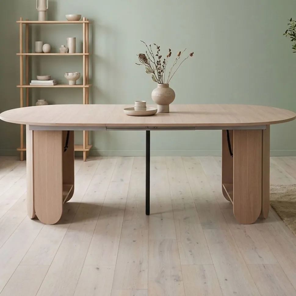 Table ronde style japandi extensible 310cm Tulipa rallonges intégrées Bois clair