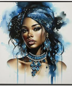 Tableau Altea cadre en bois massif et métal décor femme turban bleu
