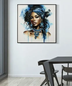 Tableau Altea cadre en bois massif et métal décor femme turban bleu