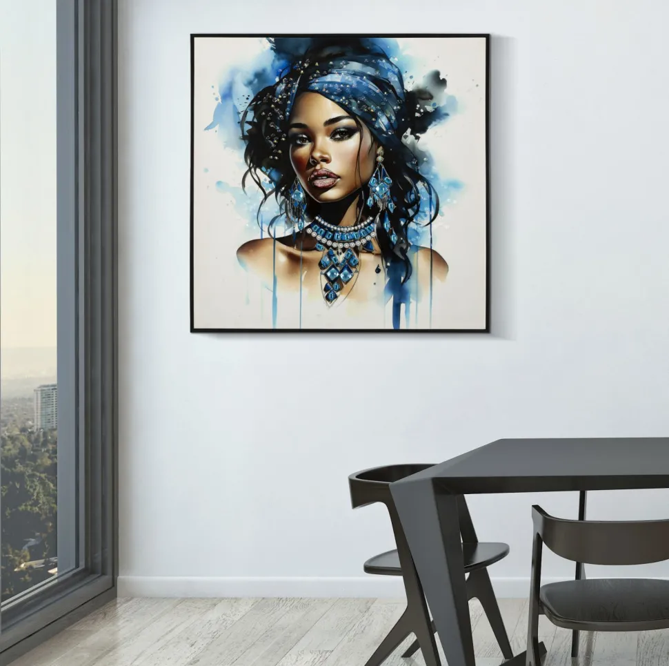 Tableau Altea cadre en bois massif et métal décor femme turban bleu