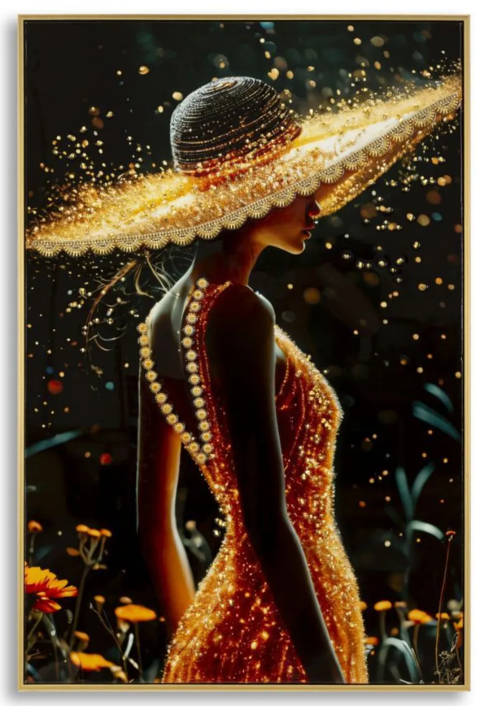 Tableau Illumy silhouette féminine avec éclats dorés cadre doré