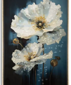 Tableau mural encadré peinture sur toile cadre bois naturel et métal doré bleu