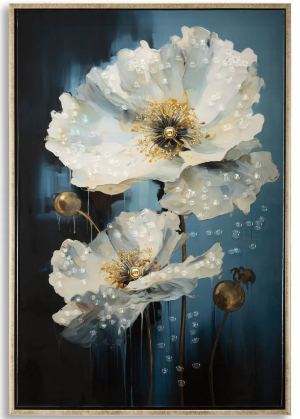 Tableau mural encadré peinture sur toile cadre bois naturel et métal doré bleu