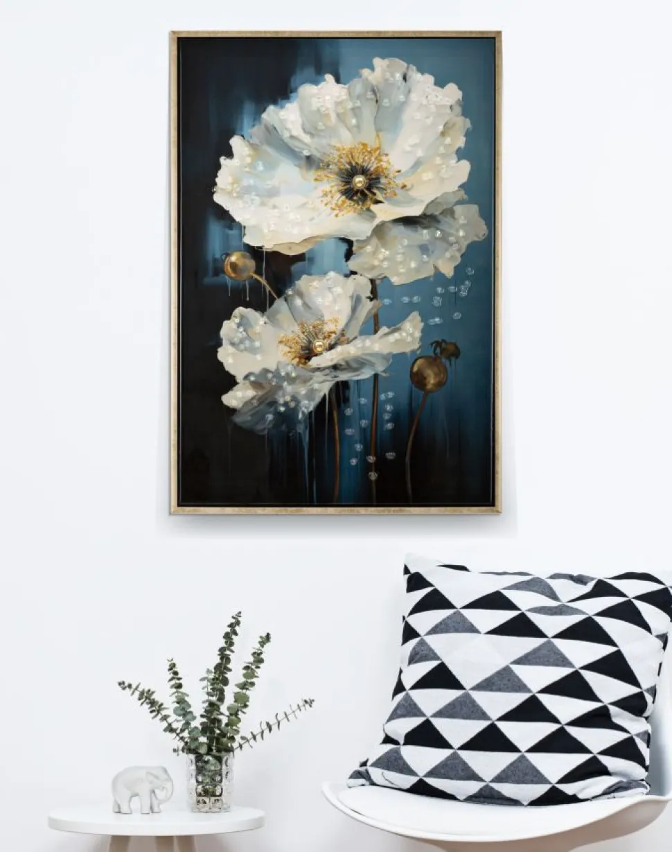 Tableau mural encadré peinture sur toile cadre bois naturel et métal doré bleu