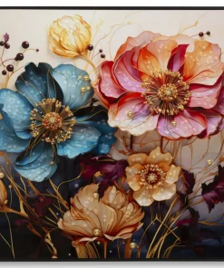 Tableau mural fleurs multicolores toile cadre bois et métal noir
