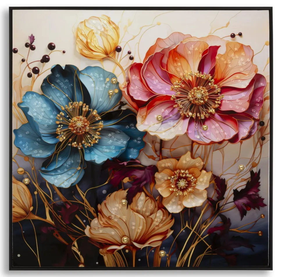Tableau mural fleurs multicolores toile cadre bois et métal noir