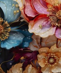 Tableau mural fleurs multicolores toile cadre bois et métal noir