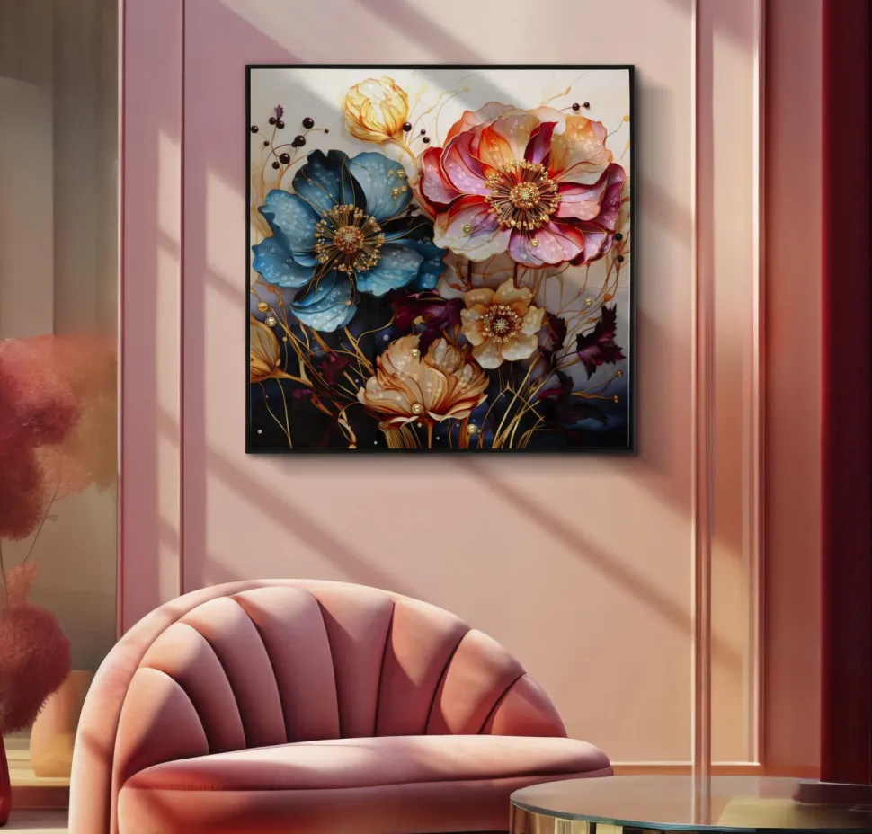 Tableau mural fleurs multicolores toile cadre bois et métal noir