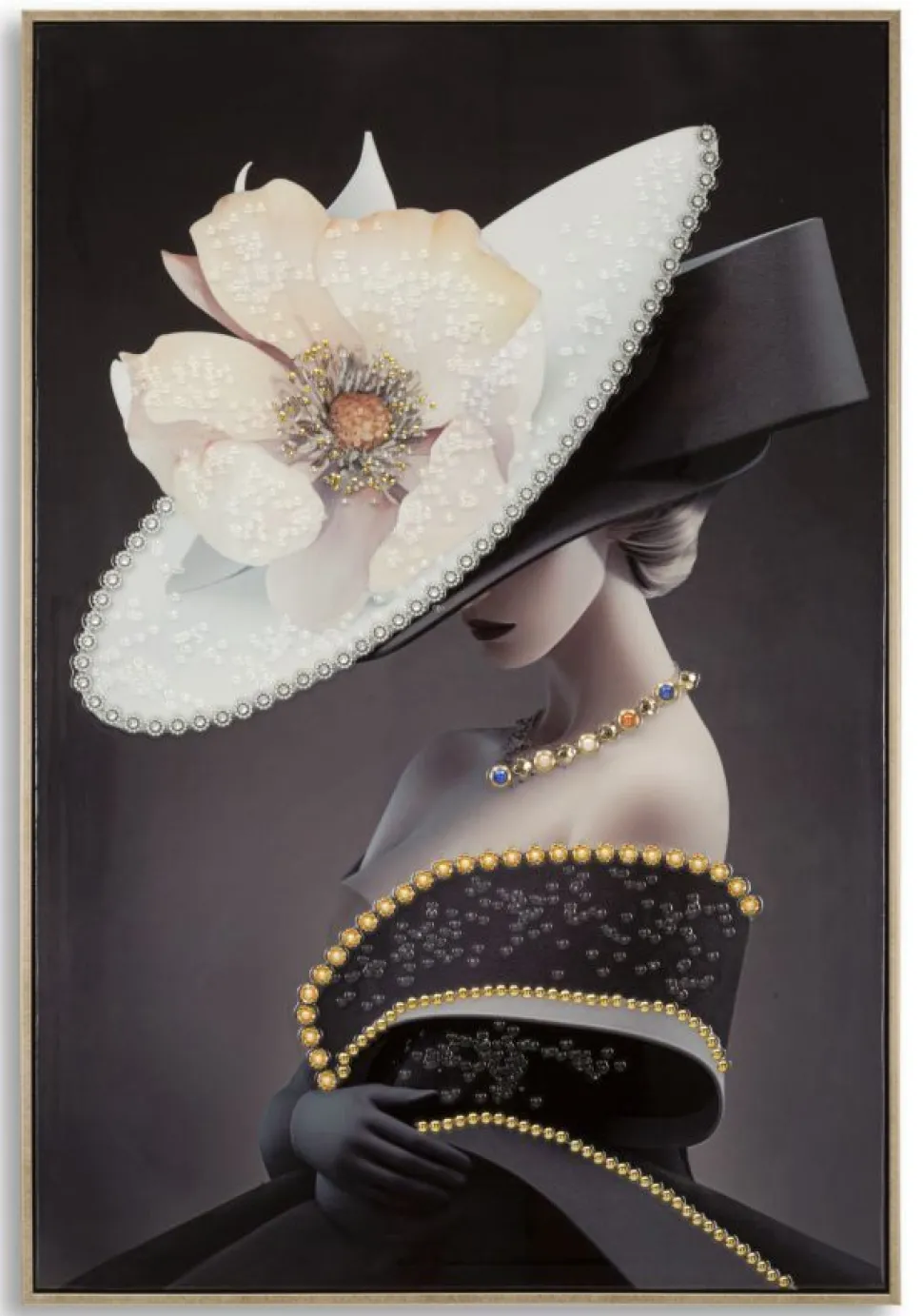 Tableau mural Wien Femme au chapeau cadre en bois massif et métal doré