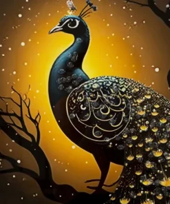 Tableau Paon Laqué sur Toile avec Cadre Doré