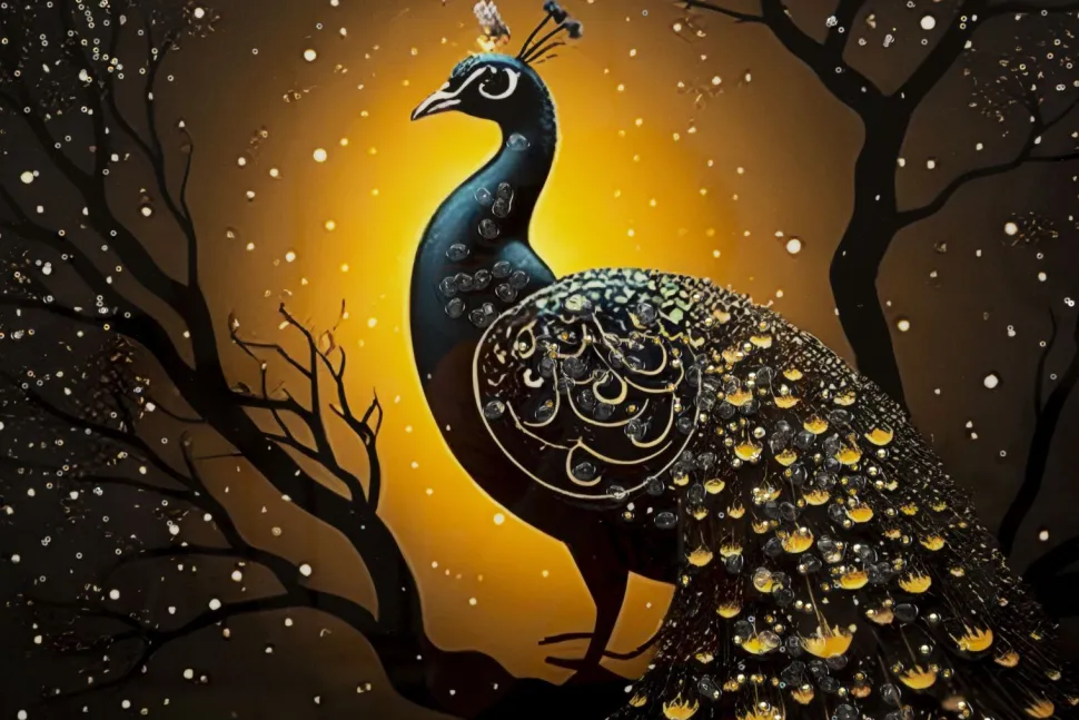 Tableau Paon Laqué sur Toile avec Cadre Doré
