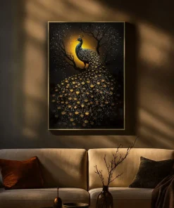 Tableau Paon Laqué sur Toile avec Cadre Doré