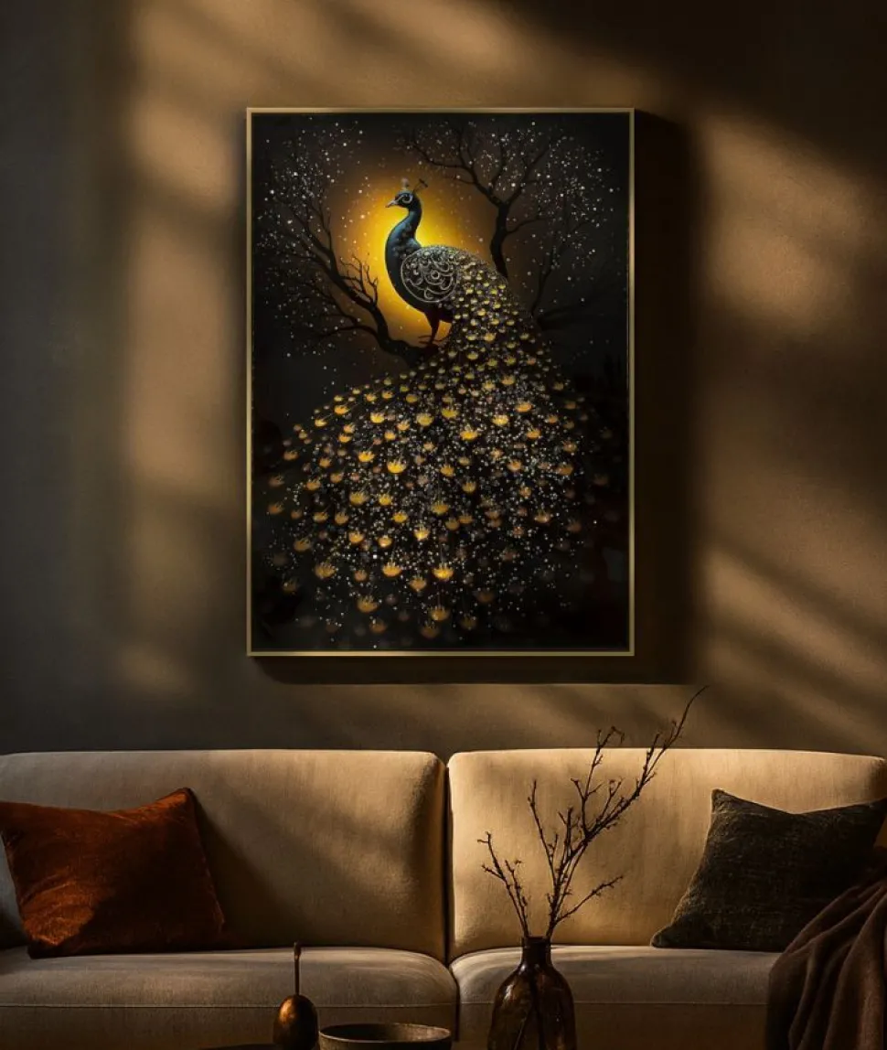 Tableau Paon Laqué sur Toile avec Cadre Doré