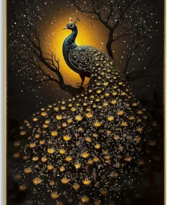 Tableau Paon Laqué sur Toile avec Cadre Doré