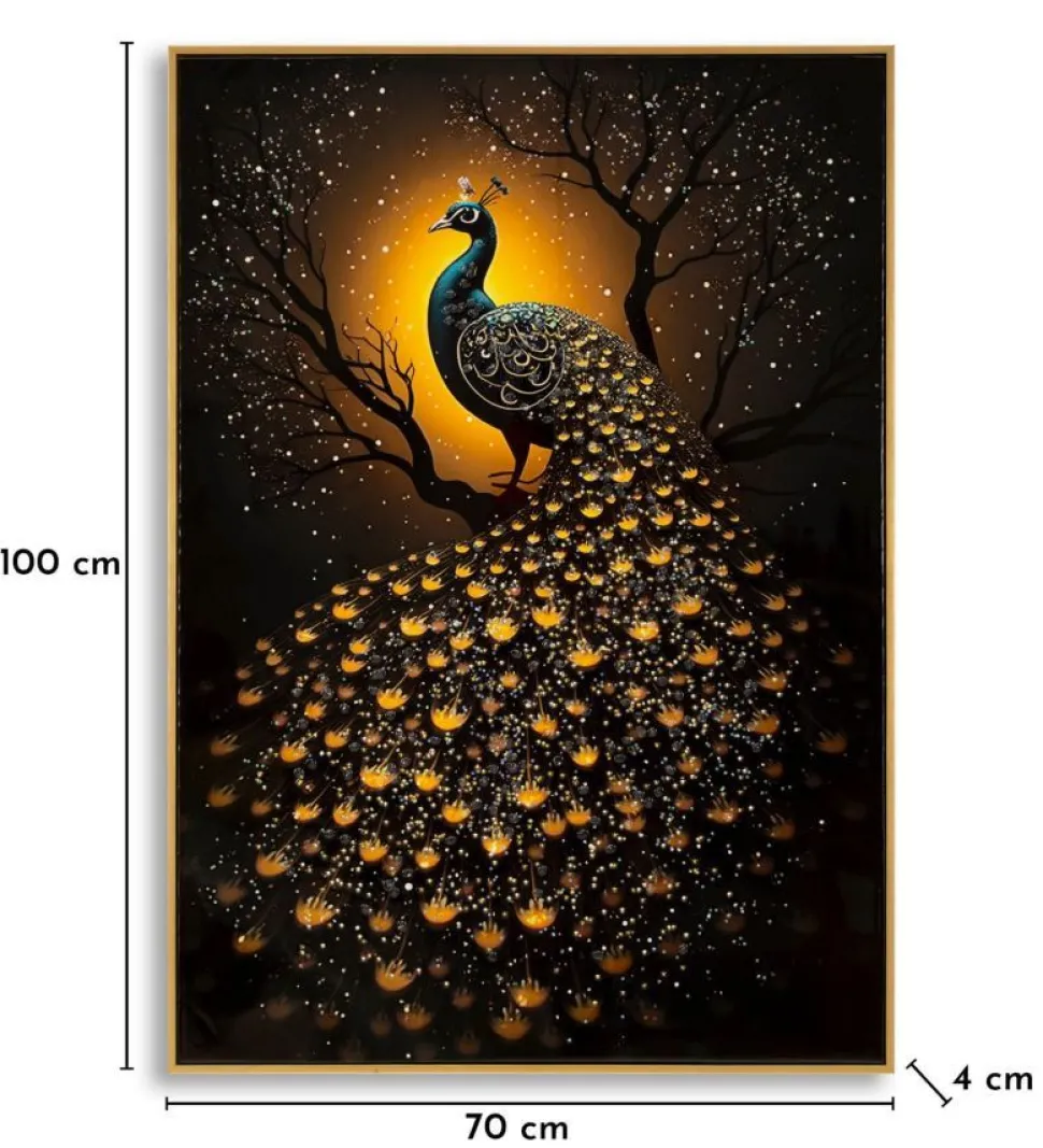 Tableau Paon Laqué sur Toile avec Cadre Doré