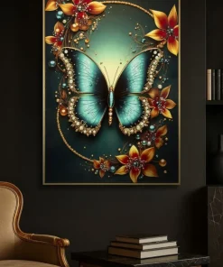 Tableau Papillon Turquoise avec Fleurs Lumineuses
