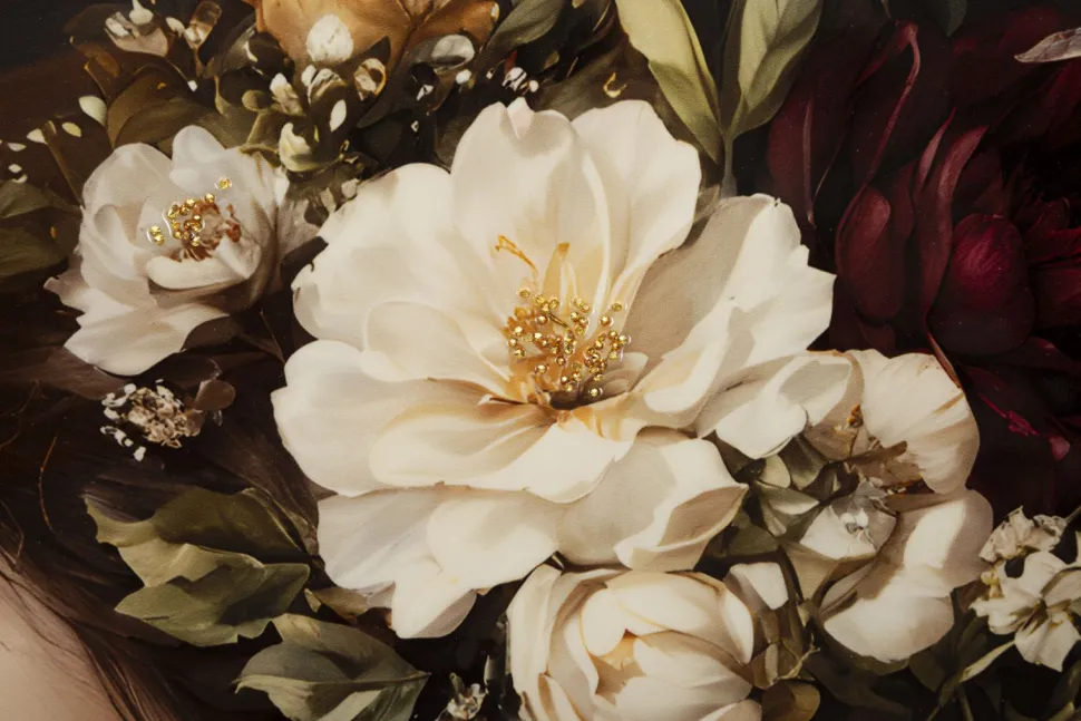 Tableau Persan Laqué Fleurs et Papillons cadre Bois