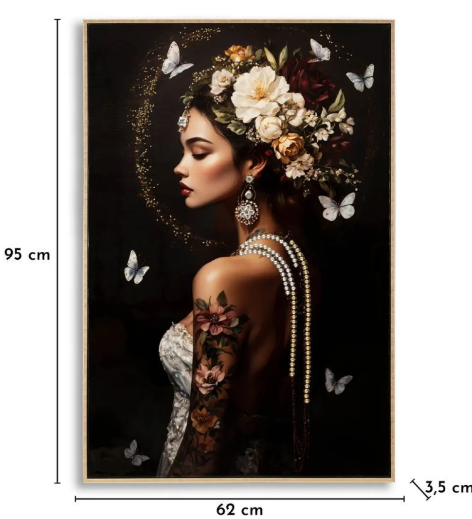 Tableau Persan Laqué Fleurs et Papillons cadre Bois