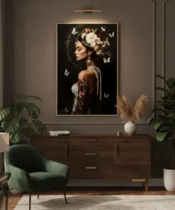 Tableau Persan Laqué Fleurs et Papillons cadre Bois