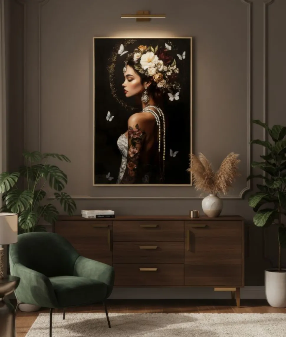 Tableau Persan Laqué Fleurs et Papillons cadre Bois