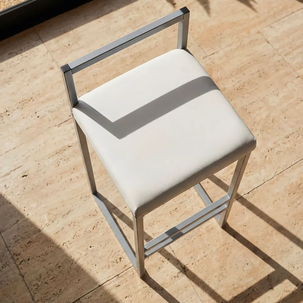Tabouret de bar en métal Drakkar Argent et Velours Blanc