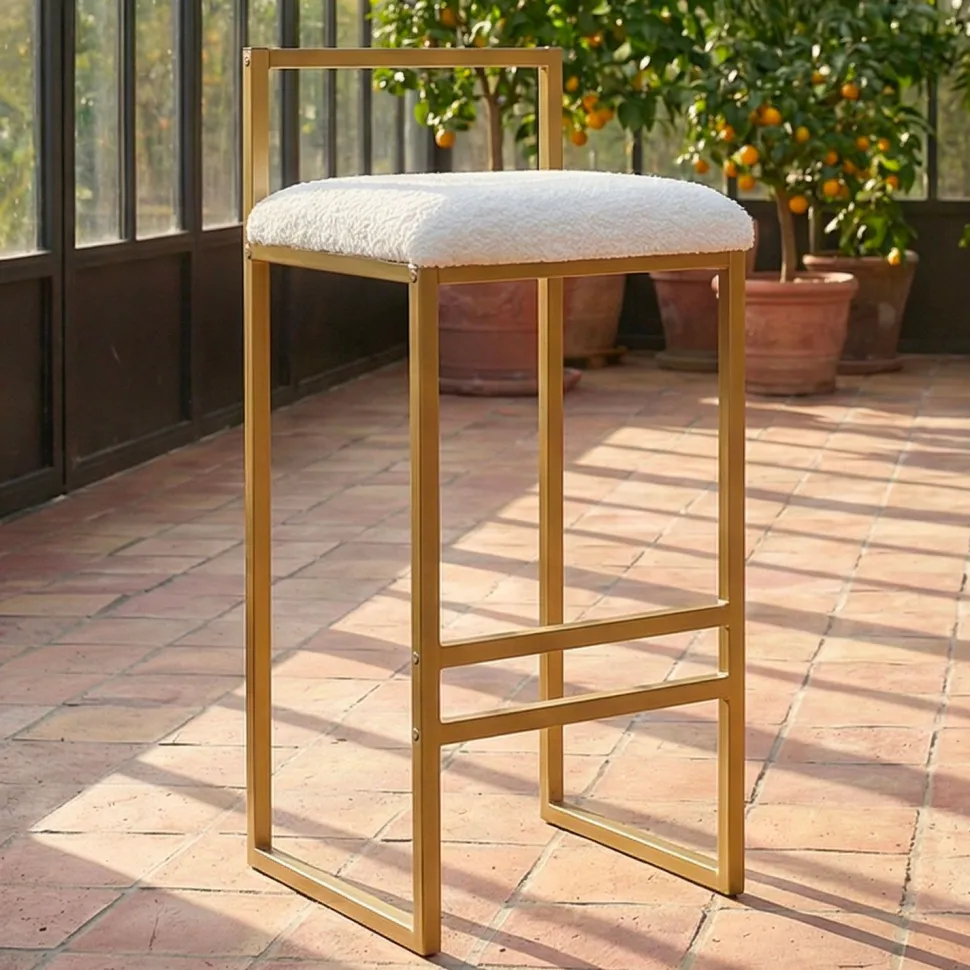Tabouret de bar en métal Drakkar Or et Tissu bouclette Crème
