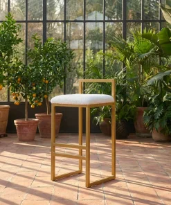 Tabouret de bar en métal Drakkar Or et Tissu bouclette Crème