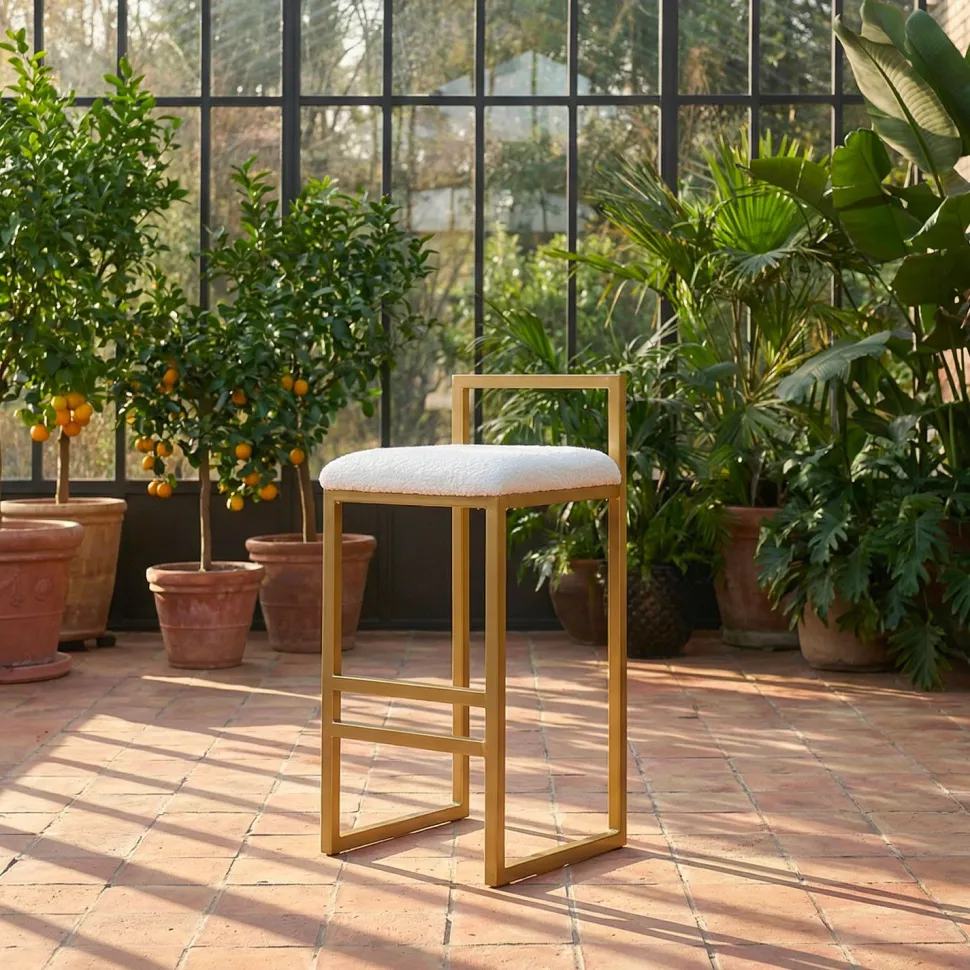 Tabouret de bar en métal Drakkar Or et Tissu bouclette Crème