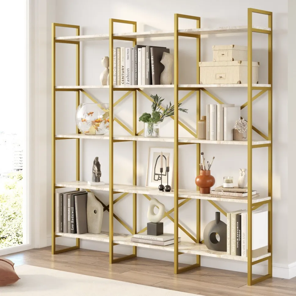 Étagère bibliothèque Opawa L170cm Métal Or et Bois Effet marbre Blanc