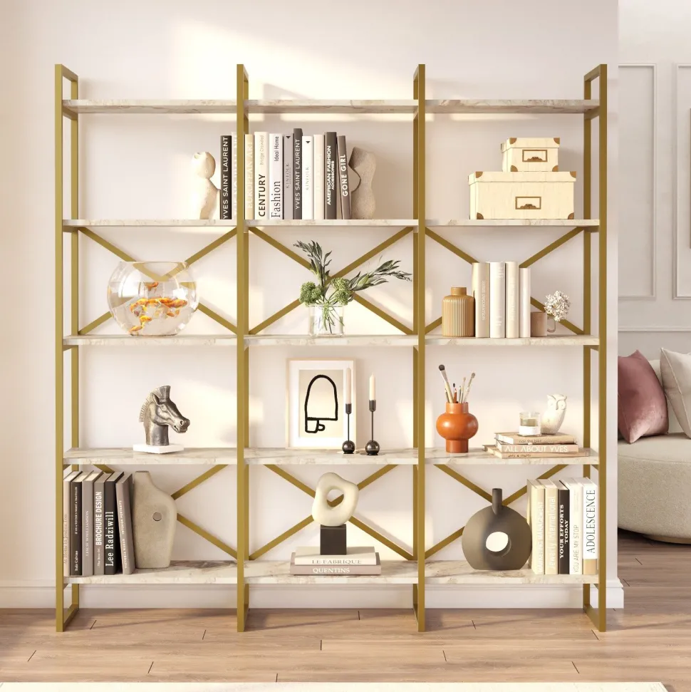 Étagère bibliothèque Opawa L170cm Métal Or et Bois Effet marbre Blanc