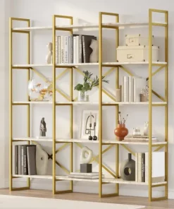 Étagère bibliothèque Opawa L170cm Métal Or et Bois Effet marbre Blanc