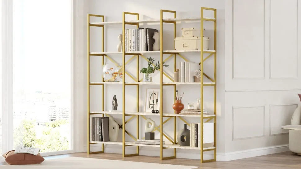 Étagère bibliothèque Opawa L170cm Métal Or et Bois Effet marbre Blanc