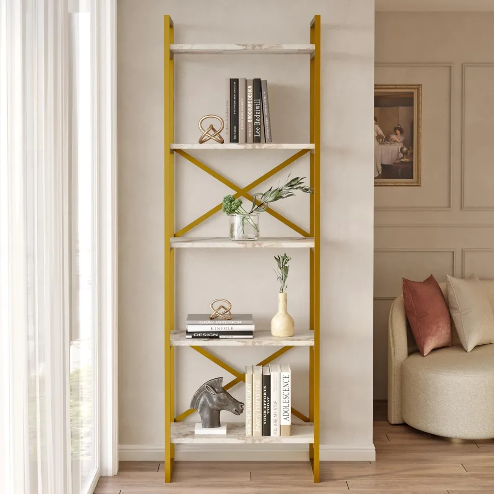 Étagère bibliothèque Opawa L58cm Métal Or et Bois Effet marbre Blanc