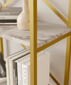 Étagère bibliothèque Opawa L58cm Métal Or et Bois Effet marbre Blanc