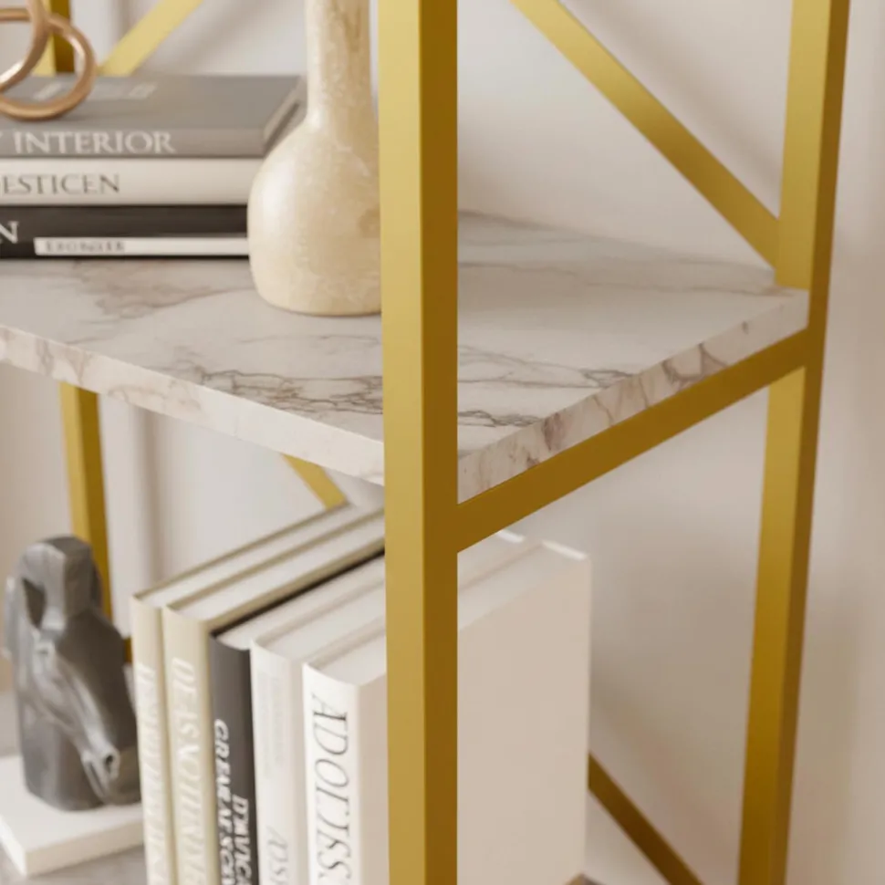 Étagère bibliothèque Opawa L58cm Métal Or et Bois Effet marbre Blanc