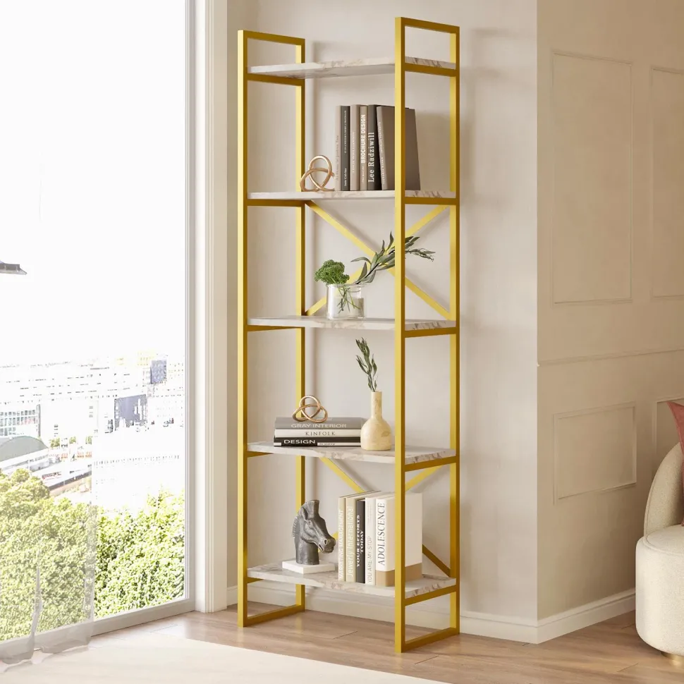 Étagère bibliothèque Opawa L58cm Métal Or et Bois Effet marbre Blanc