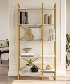 Étagère bibliothèque Opawa L87,5cm Métal Or et Bois Effet marbre Blanc