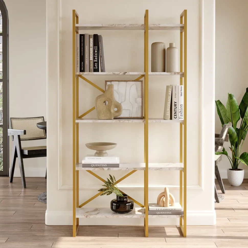Étagère bibliothèque Opawa L87,5cm Métal Or et Bois Effet marbre Blanc