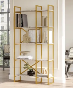 Étagère bibliothèque Opawa L87,5cm Métal Or et Bois Effet marbre Blanc