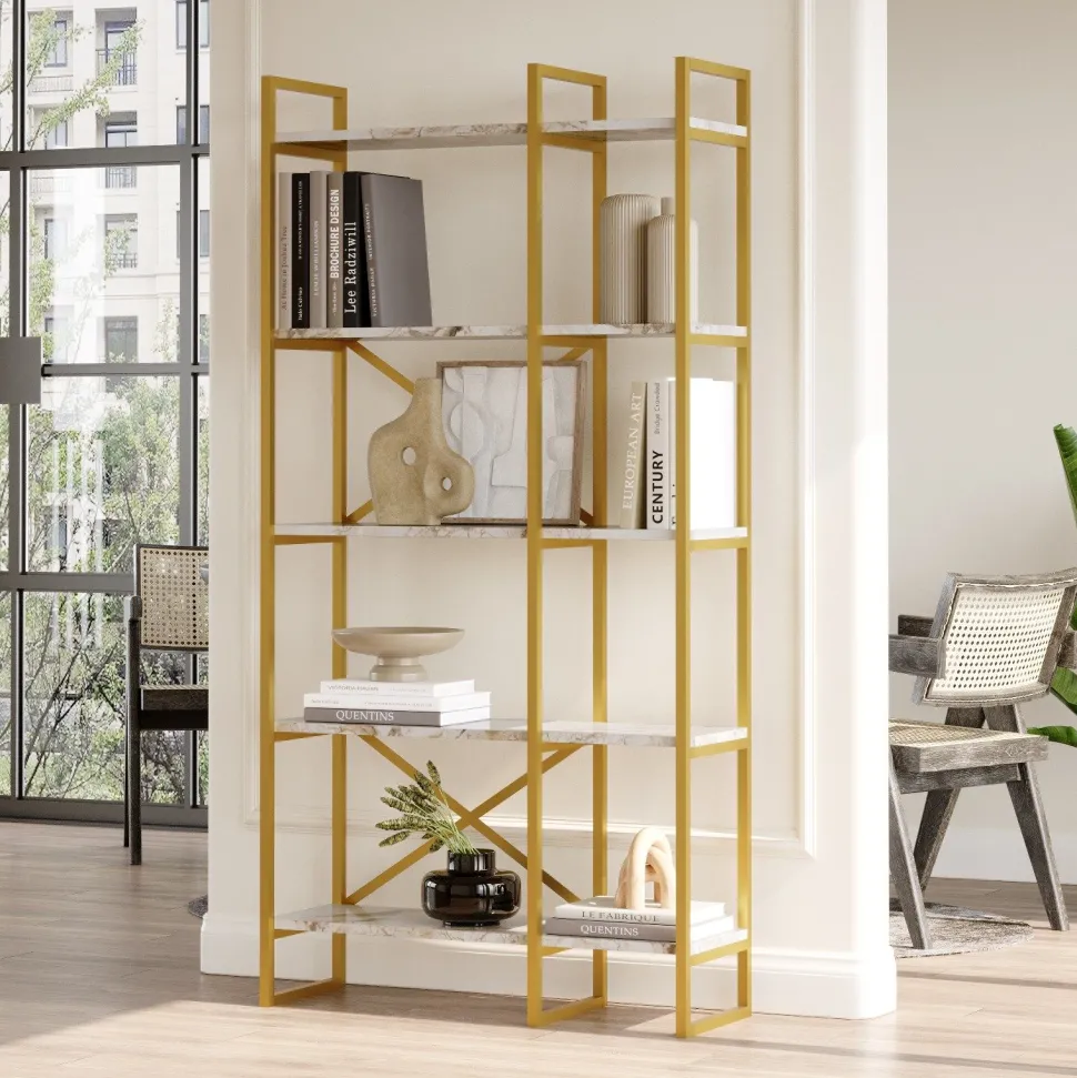 Étagère bibliothèque Opawa L87,5cm Métal Or et Bois Effet marbre Blanc