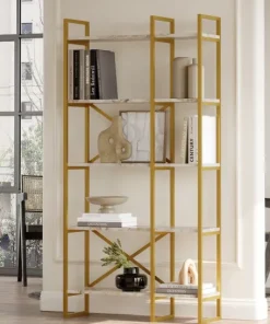 Étagère bibliothèque Opawa L87,5cm Métal Or et Bois Effet marbre Blanc